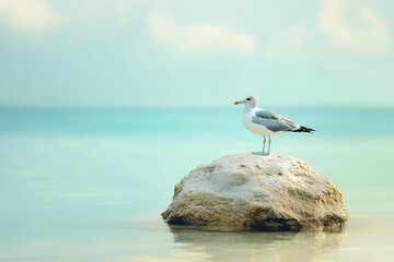 A lone seagull standing peacefully on a rock near the sea