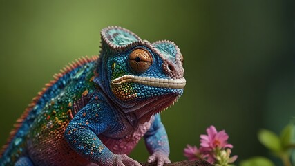 Obraz premium A Vibrant Chameleon, A Jewel Of The Rainforest, Basks In The Dappled Sunlight, Showcasing Its Iridescent Scales Against A Soft Green Backdrop