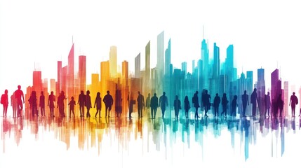 Colorful city skyline with diverse people walking