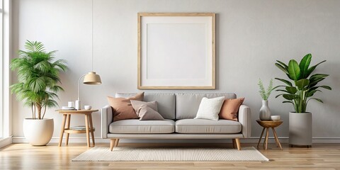 Modern Living Room Interior with Empty Poster Frame Mockup - Perfect for Design Presentations