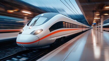 Fototapeta premium High-Speed Train Zipping into a Platform Under Rainy Conditions at Dusk