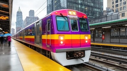Obraz premium Vibrant Purple and Yellow Train at Urban Station on Rainy Day in Modern Cityscape