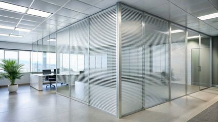 Fototapeta premium Modern Office Interior with Striped Frosted Glass Partition - Bright Workspace