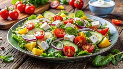 Refreshing Summer Vegetable Salad with Creamy Dressing and Cheese Cubes on Rustic Wooden Table