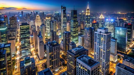 Night City Skyline Aerial View: Illuminated Skyscrapers & Urban Glow