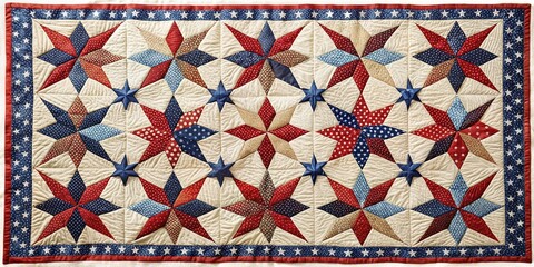 Patriotically-themed Starry Night Quilt: Red, White & Blue Stars on White Background - Stock Photo