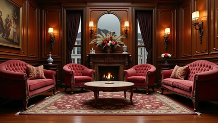 Luxurious Vintage Living Room with Red Velvet Armchairs, Antique Details & Cozy Atmosphere