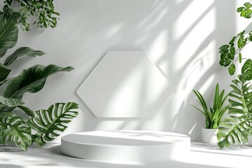 3D rendering of a white podium mockup with green plants on a grey background with a hexagonal shape and shadows. A minimal scene for product display presentation. Flat lay composition, high-resolution
