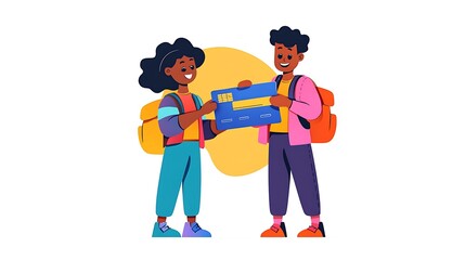 Happy Travelers Sharing a Travel Card: Vibrant Vector Illustration AI Generated