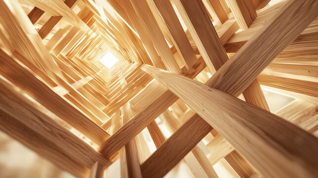 The abstract view of wood home framing at the construction site highlights the skeletal structure taking shape.