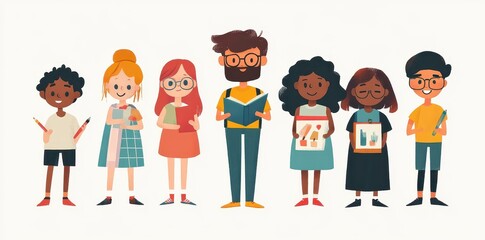 Diverse group of children and teacher standing together happily