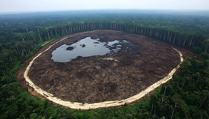 Aerial View Of Deforestation Clearing In Rainforest