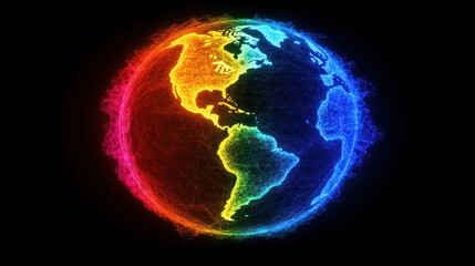 Fototapeta premium Colorful, glowing Earth, continents highlighted, energy aura, space background