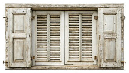 Rustic White Wooden Shutters on Old Window - Vintage Architectural Detail Stock Photo
