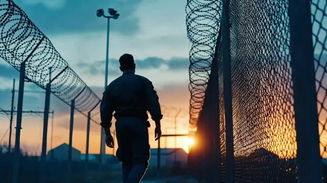 Guard walking path at sunset, prison compound, security