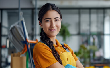A cheerful woman in a cleaning service uniform, smiling and looking at the camera in a professional setting.