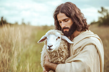 Jesus carries a lost sheep in his arms