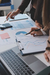 Accounting company provide finance and taxation planning for profitable cash flow, Auditor and accountant team working in office, analyze financial data and accounting record with calculator.Insight