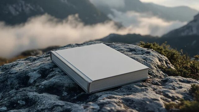 Blank book on mountaintop; mockup, outdoors, misty background; print design