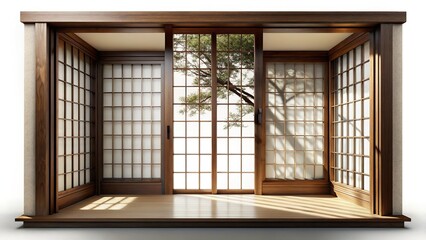 Serene Japanese Shoji Screen with Tranquil Tree Shadow Patterns