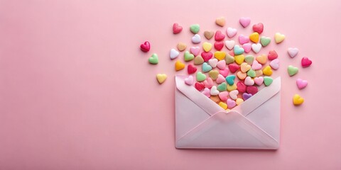 Pink envelope overflowing with pastel heart-shaped candies on a pink background