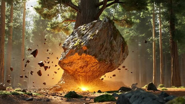 A Giant Rock Falls and Shatters Against a Massive Tree in a Forest