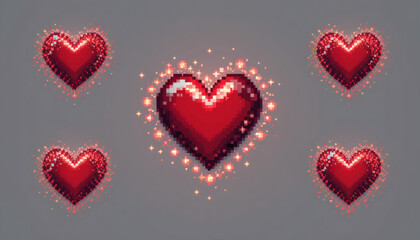 8-bit isolated pixel image of a love heart surrounded by sparkles, shown from multiple perspectives on a white background