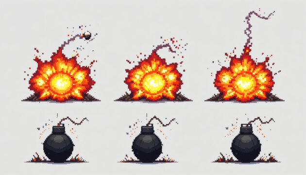 8-bit isolated pixel image of a pixelated bomb exploding from multiple perspectives on a white background
