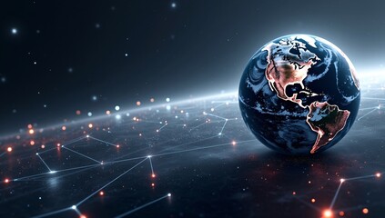 A digital blue globe overlaid with binary code signifies global business concepts within a technological backdrop