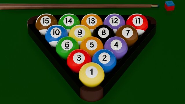 Pool Billiard. American billiard Balls and Triangle 3D illustration with Green background. Billiard balls, Bilardo topları