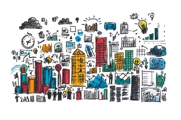 Naklejka premium Intricate doodlestyle business and marketing illustration on a crisp white background, showcasing sketches of financial growth, innovation, and teamwork for a visionary strategy