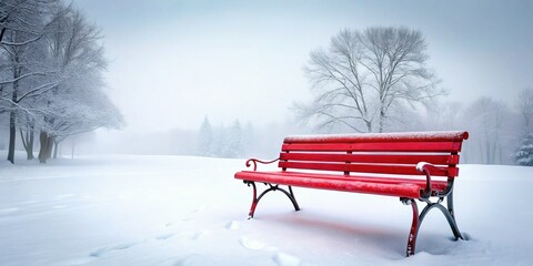 Obraz premium Serene Winter Solitude: Snowy Park Bench in Misty Winter Day