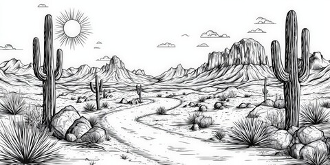 A detailed black and white illustration of a desert landscape featuring cacti, rocky formations, and a winding path under a bright sun.
