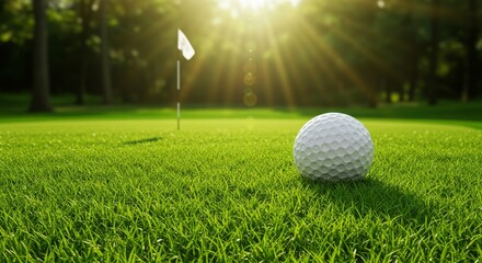 Obraz premium A close-up of a golf ball on grass near a flag, illuminated by sunlight.