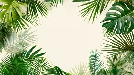 Lush Green Tropical Leaves Frame on White Background