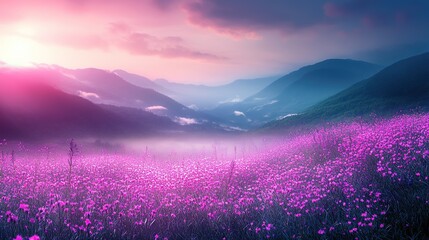 Obraz premium Dreamy Valley Landscape Featuring Glowing Pink Flowers Spreading Across the Field, Surrounded by Misty Mountains and Illuminated with Soft Atmospheric Light, Isolated on Transparent Background.