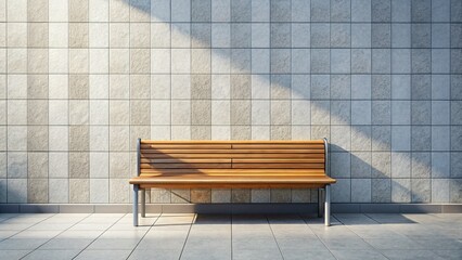 Sunny Day Park Bench: Wooden Seat, Metal Legs, Tile Wall Background