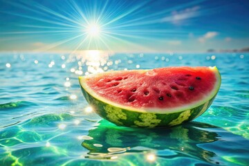 Watermelon and watermelon slices float on the blue sea, sunlight reflecting shimmeringly on the gentle waves. Summer vibe