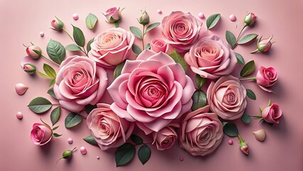 Valentine's Day Pink Rose Flat Lay: Romantic Floral Background for Cards & Invitations