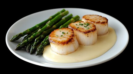 Scallops with Asparagus and Hollandaise Sauce on Plate