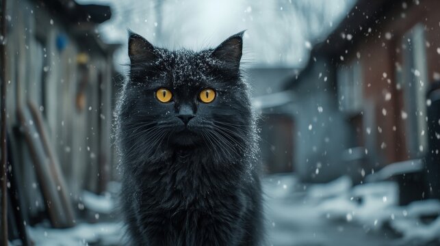 Black cat with yellow eyes in a snowy urban scene.