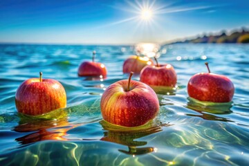 Plump apples float on the blue sea, sunlight reflects shimmeringly on the gentle waves. Summer vibe