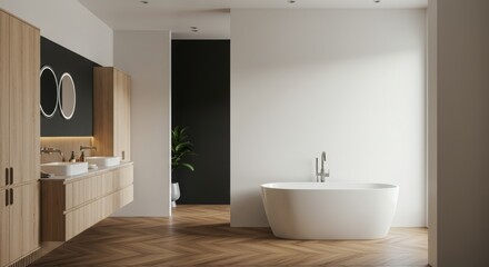 Modern bathroom featuring a freestanding tub and wooden cabinetry.