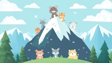 Fototapeta premium Cute cartoon animals exploring mountains and enjoying nature scenery together