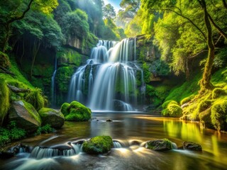 Obraz premium Sunlight dapples Lone Creek Waterfall's mossy banks, a long exposure capturing Mpumalanga's magic.