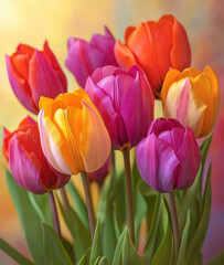 Fototapeta premium vibrant bouquet of multicolored tulips in shades of red, pink, purple, orange, and yellow. The flowers have delicate petals and lush green stems, set against a soft, warm-toned blurred background