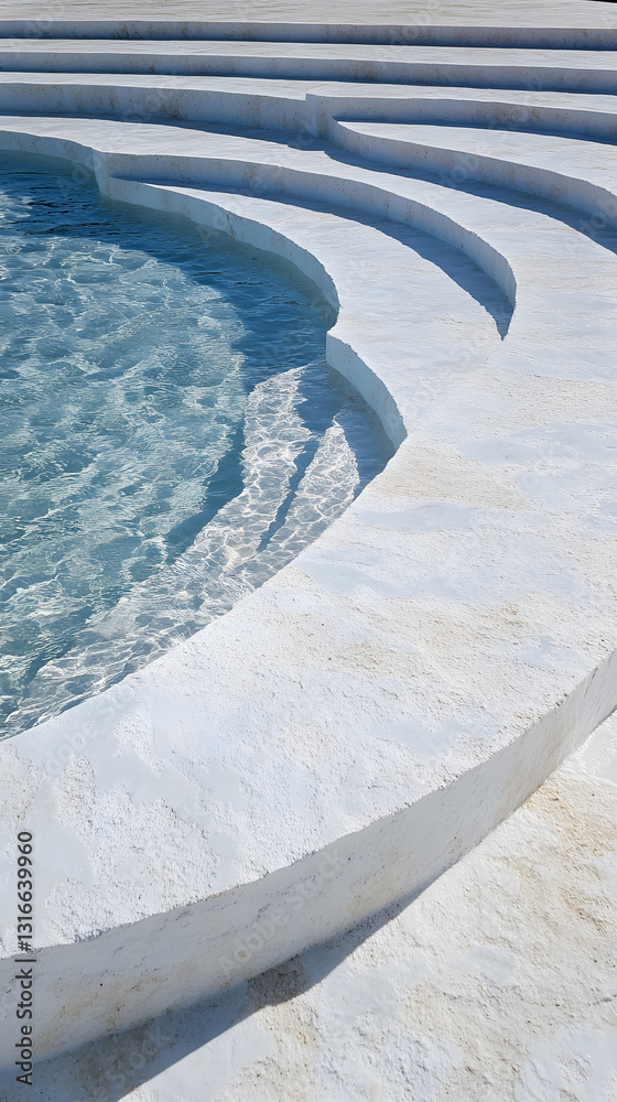 Aufkleber A close-up view of circular stone steps leading into a clear blue pool, showcasing geometric patterns and smooth textures