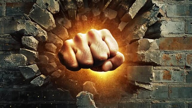 Strong Hand Punching Through Brick Wall in Slow Motion Explosion Shot