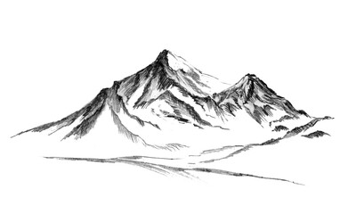 Mountains landscape. Hand drawing sketch in pencil. Mountain rocky peaks in a graphic style. black and white monochrome illustration on a white background.