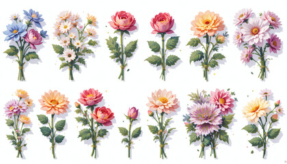 8-bit flower bouquet in classic pixel layout with soft shading and crisp detailing, displayed from various angles on a white background